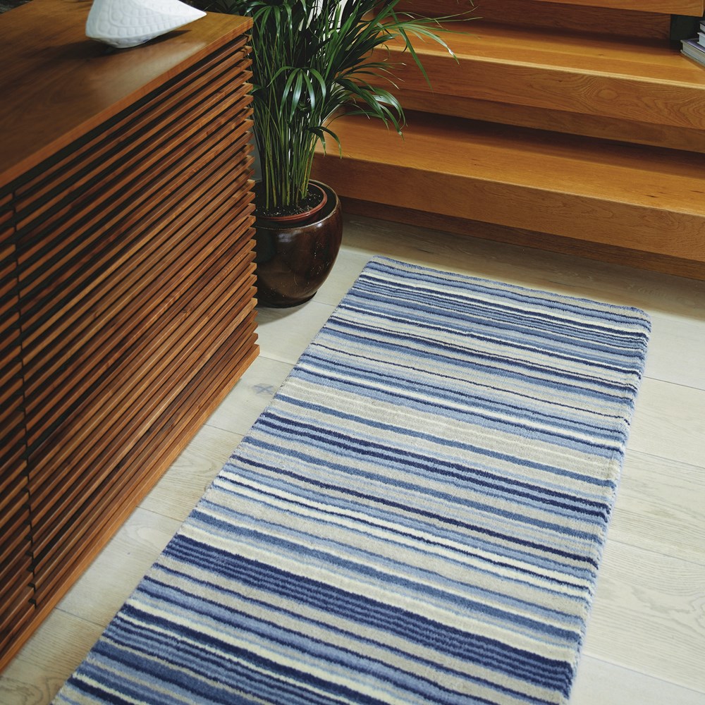 Fine Stripes Modern Wool Hallway Runner in Blue